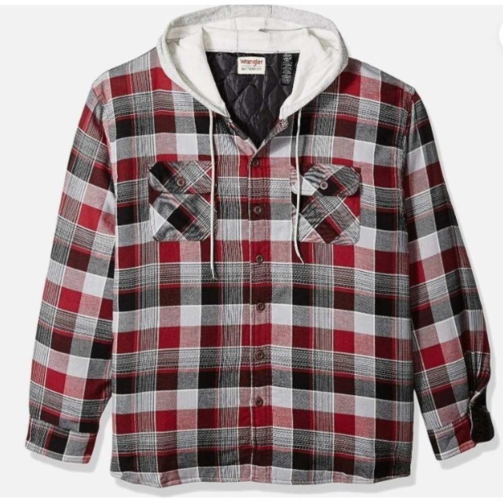 Wrangler Shacket Mens 100% Cotton Plaid Quilted Lining Hooded Drawstring Pockets